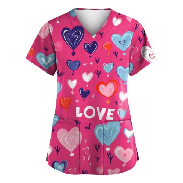 Women's Valentine's Day Printed  Uniform Work Uniform V-Neck Pocket Protective - Image 2