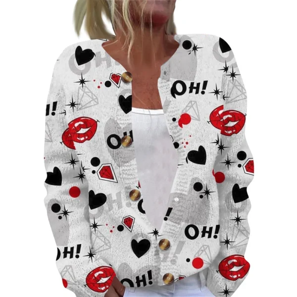 Women's Fashion Printed Valentine's Day Long Sleeved Knitted Cardigan Button - Image 2