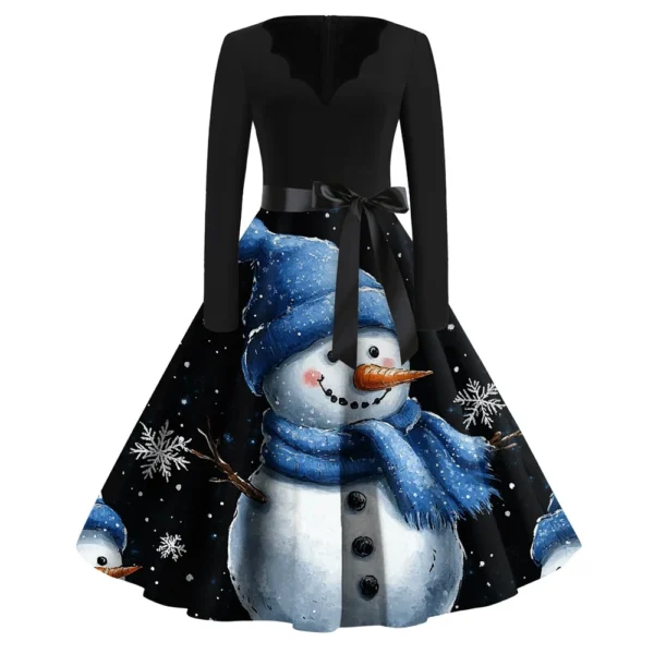 Women's Casual V-Neck Fashion Printed Christmas Long Sleeve Slim Dresses - Image 35