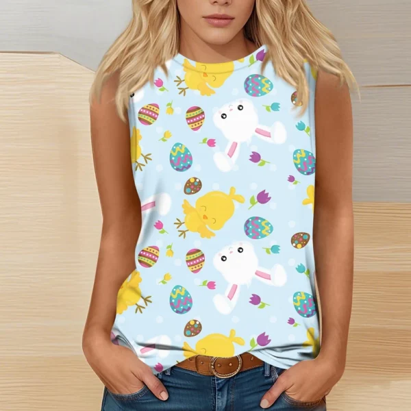 Women's Fashion Casual Easter Printed Round Neck Sleeveless T-Shirt Tops - Image 28