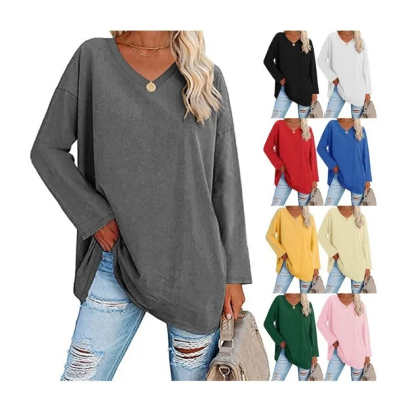 Women's shirt loose collar solid color women's top - Image 21