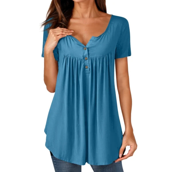 Women Tunic Tops Dressy Casual Summer Short Sleeve Shirts Loose Fit Pleated - Image 23