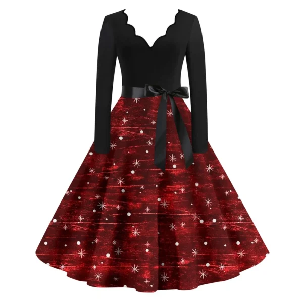 Women's Casual V-Neck Fashion Christmas Slim Long Sleeve Printed Dresses - Image 43