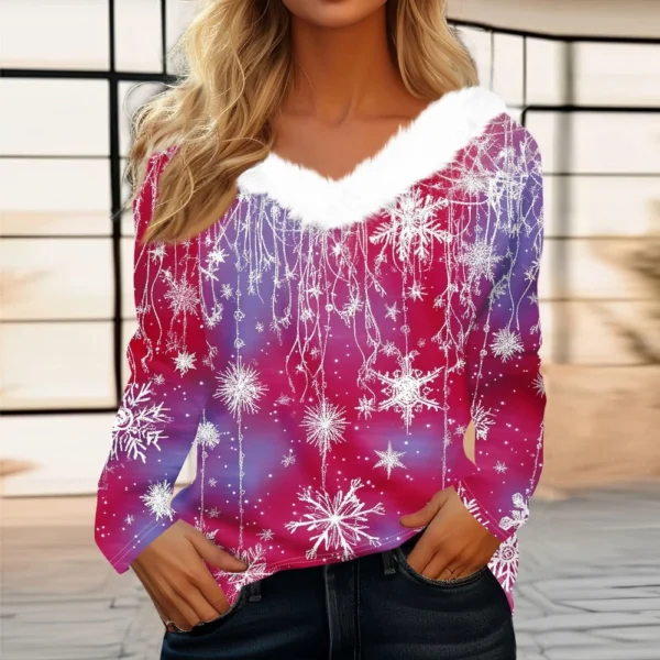 Women's Christmas Party V Neck T Shirt Fleece Collar Shirt Long Sleeve Top - Image 25