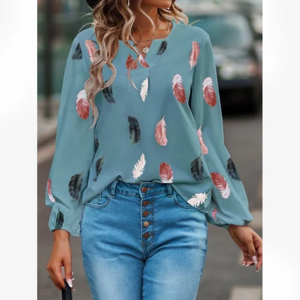 V-neck printed long-sleeved loose T-shirt women's top - Image 11