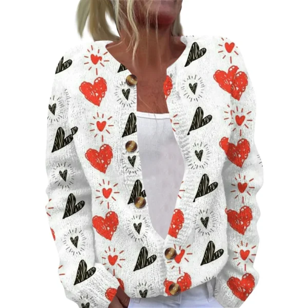 Women's Fashion Printed Valentine's Day Long Sleeved Knitted Cardigan Button - Image 29