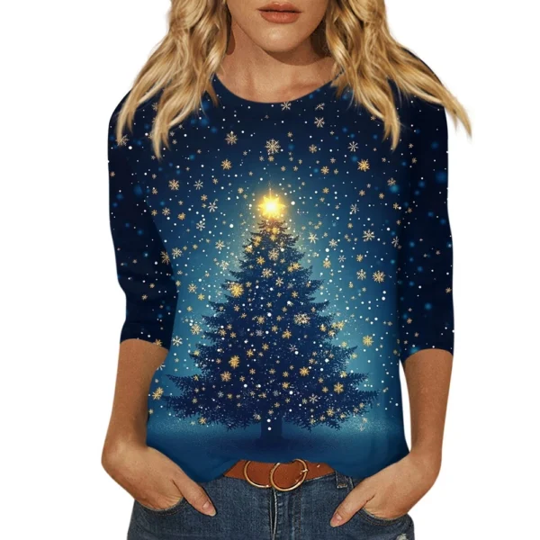 Ladies Loose Casual Round Neck T-Shirt Printed 3/4 Sleeve Christmas Women's Top - Image 5