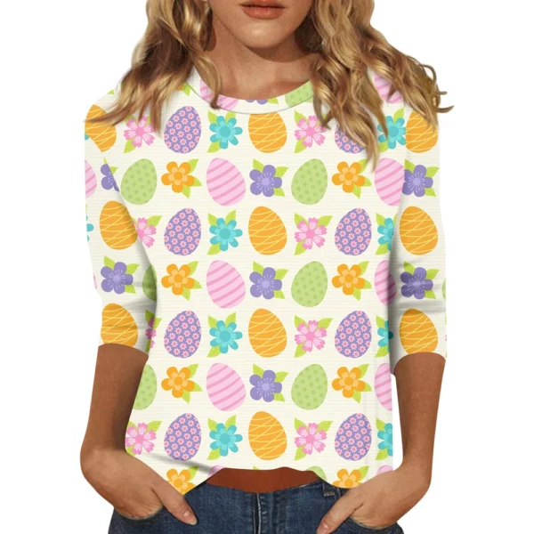Women's Tops 3/4 Sleeve Casual Fashion Plus Size Basic Easter Printed Pullover - Image 5