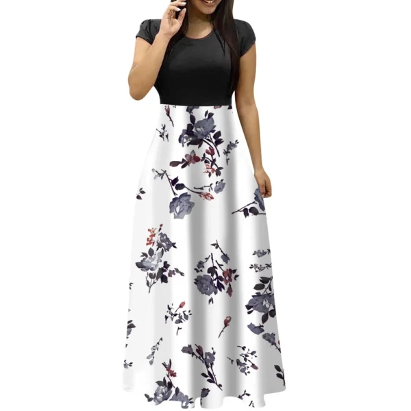 Women's Fashion Casual Loose Printed Round Neck Short Sleeve Long Dresses - Image 2
