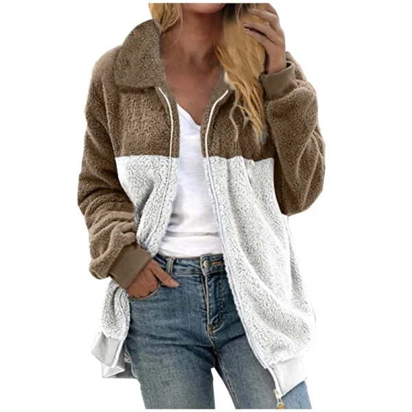 Women's Casual Color Blocking Loose Plush Zippered Flip Collar Jacket With - Image 20