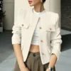 Women's Solid Color Round Neck Fashionable Button Decorated Short Jaket - Image 54