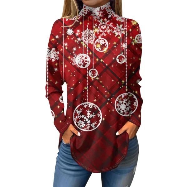 Women's Casual Christmas High Neck Pullover Long Sleeve Printed Fashion T-Shirt - Image 35