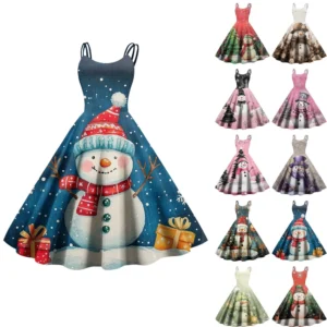 Women's Casual Fashion Christmas Print Sexy Off Shoulder Punk Retro Dress Retro