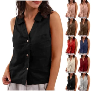 Women's Fashion Loose Solid Color Cotton And Linen Buttoned Lapel Vest Casual