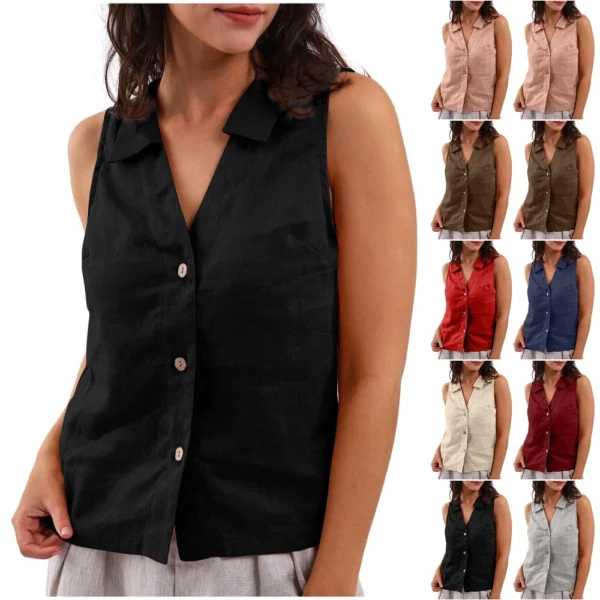 Women's Fashion Loose Solid Color Cotton And Linen Buttoned Lapel Vest Casual
