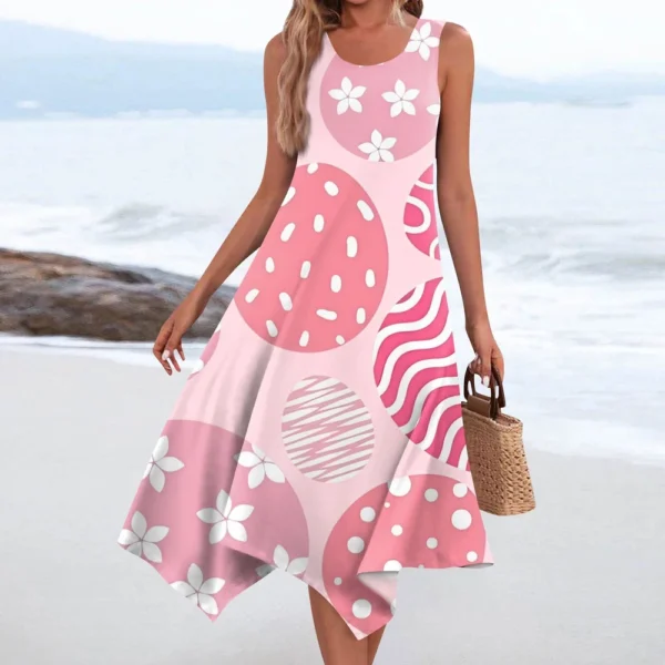 Women's Casual Fashion Round Neck Sleeveless Print Irregular Hem Midi Dress - Image 22