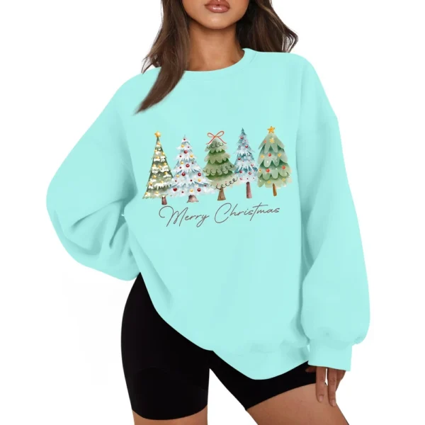 Women's Casual Fashion Long Sleeve Christmas Print Round Neck Sweatshirt Top - Image 34