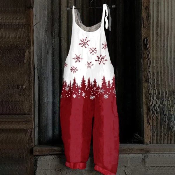 Women's Loose Vintage Shoulder Strap Print Casual Jumpsuit Christmas - Image 19