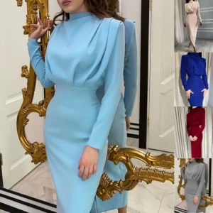 Fashion waist solid color long-sleeved dress