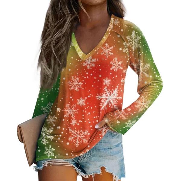 Women's Comfortable V-Neck Casual Long Sleeved Top Christmas Printed T-Shirt - Image 17