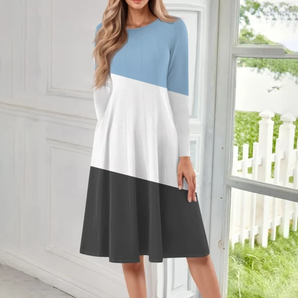 Women's Casual Fashion Round Neck Long Sleeve Print Midi Dress - Image 27
