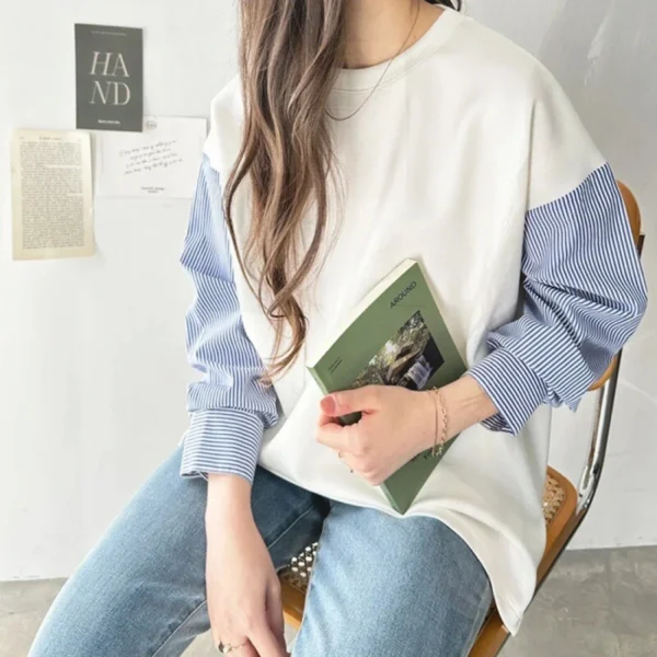 Striped Plaid Sleeves Splicing Long Sleeve Shirt Top - Image 21