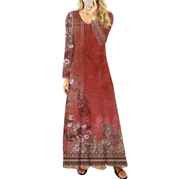 Women's Casual Fashion Long Sleeve Graphic Printed Vintage Long Dresses Fall - Image 32