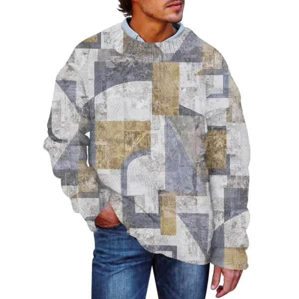 Men'S Printed Synthetic Sweater Round Neck Sportswear Loose Long Sleeved Top - Image 17