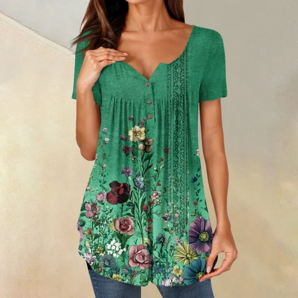 Women Tunic Tops Dressy Casual Summer Short Sleeve Shirts Loose Fit Pleated - Image 22