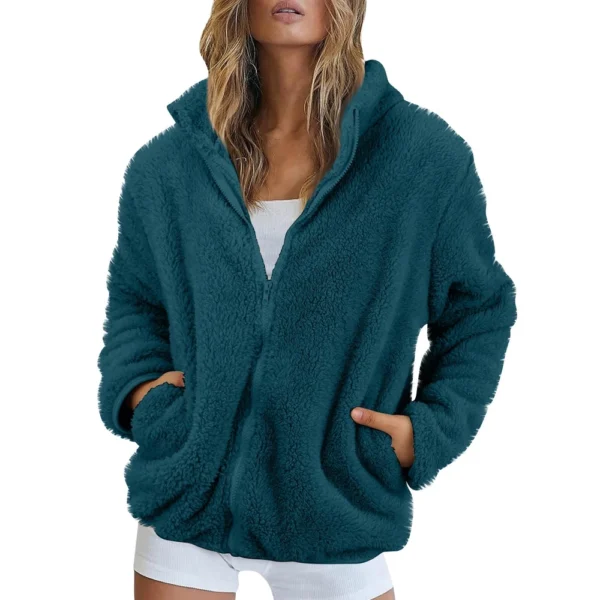 Women's Solid Color Loose High Neck Long Fleece Plush Warm Zipper Jacket - Image 16