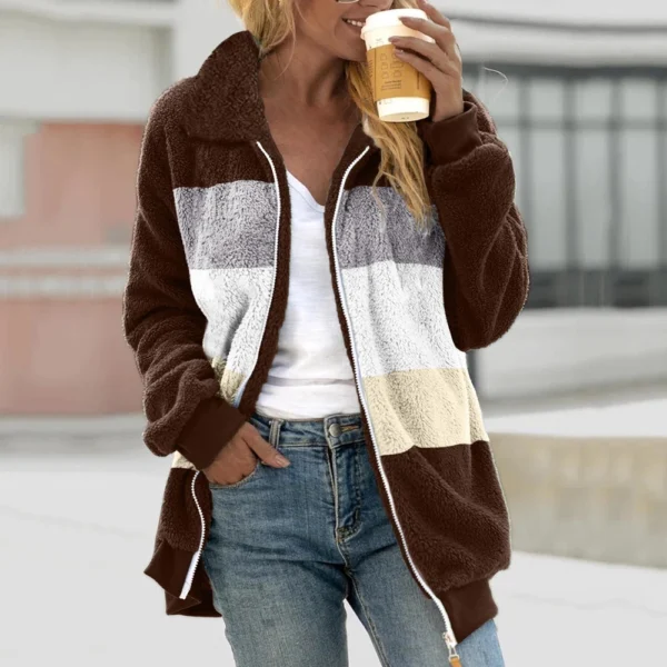 Women's Casual Color Blocking Loose Plush Zippered Flip Collar Jacket With - Image 22