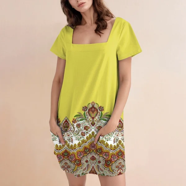 Women's Square Collar Short Sleeve Fashion Skirt Floral Print Pocket Casual - Image 33