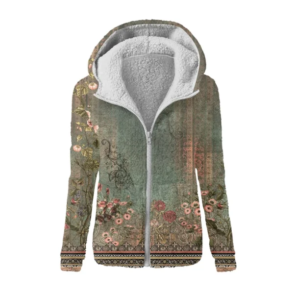 Women's Fashion Retro Floral Print Hooded Plush Casual Top Zipper Jacket - Image 7
