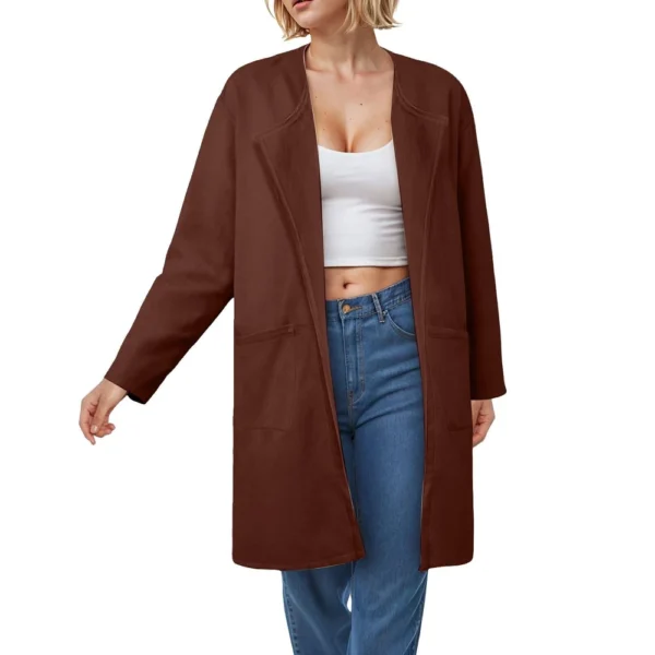 Ladies Solid Color Lapel Cardigan Tweed Cotton Coat Long Sleeve Jacket With - Image 53