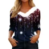 Women's V Neck Christmas Party Top Fleece Collar Shirt Long Sleeve T Shirt - Image 14