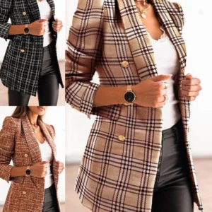 Long-sleeved double-breasted blazer with a printed collar