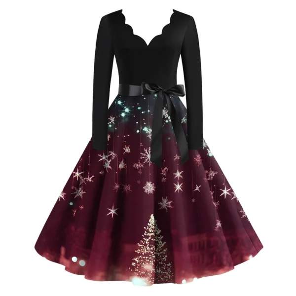 Women's Casual V-Neck Christmas Printed Fashion Long Sleeve Slim Dresses - Image 29