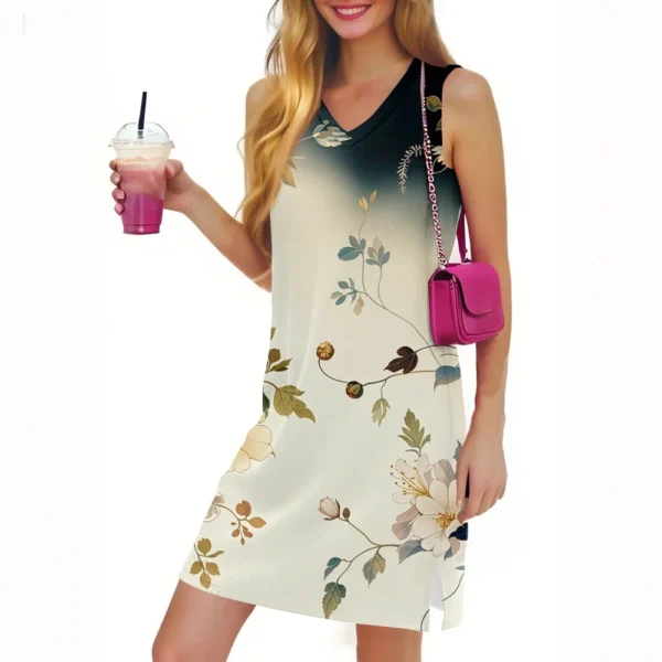 Women's Casual Fashion Sexy V-neck Sleeveless Floral Hem Slit Dress - Image 32