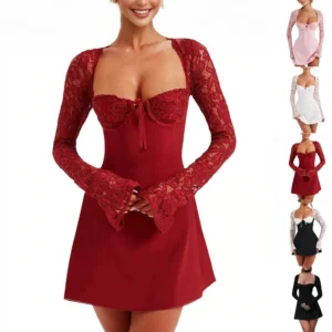 Women 's Elegant Lace Dress Lace Patchwork Long Sleeve Low Cut Dress Backless