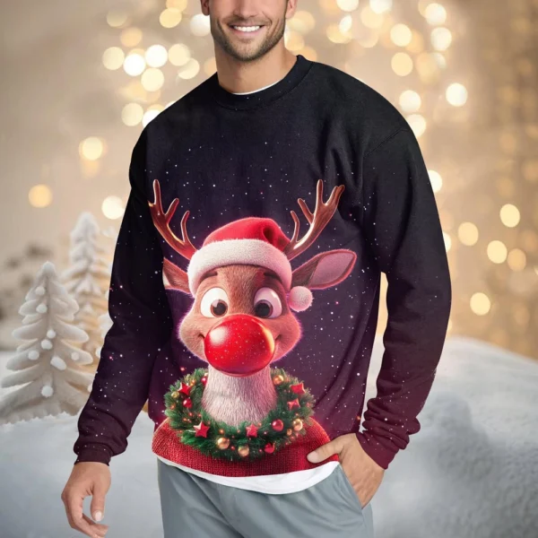 Men's Casual Fashion Comfortable Christmas Deer Printed Round Neck Pullover - Image 25