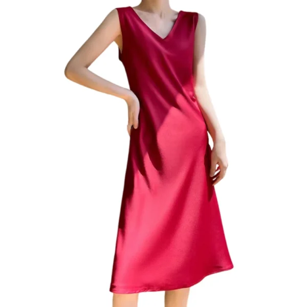 Women's Dress Satin Long Knee Length Summer Large Size Solid Color V-Neck Skirt - Image 2