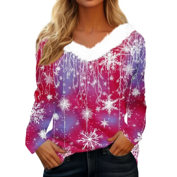 Women's Christmas Party V Neck T Shirt Fleece Collar Shirt Long Sleeve Top - Image 12