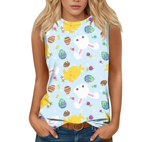 Women's Fashion Casual Easter Printed Round Neck Sleeveless T-Shirt Tops - Image 2