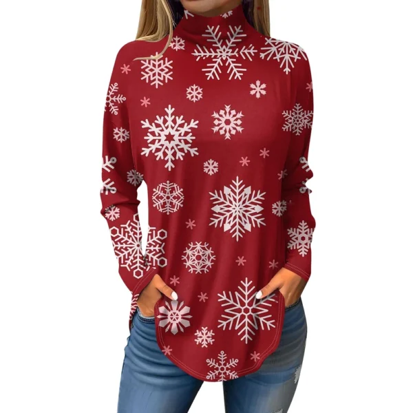 Women's Casual Christmas High Neck Pullover Long Sleeve Printed Fashion T-Shirt - Image 17