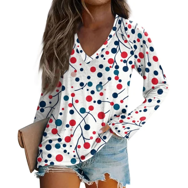 Women's Comfortable V-Neck Casual Long Sleeved Top Christmas Printed T-Shirt - Image 29