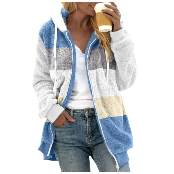 Women's Fashion Stitching Loose Hoodies Long Sleeve Plush Zipper Coat - Image 4