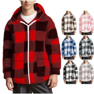 Fall Winter Ethos Plaid Casual Long-sleeved Hooded Cardigan Zipper Coat