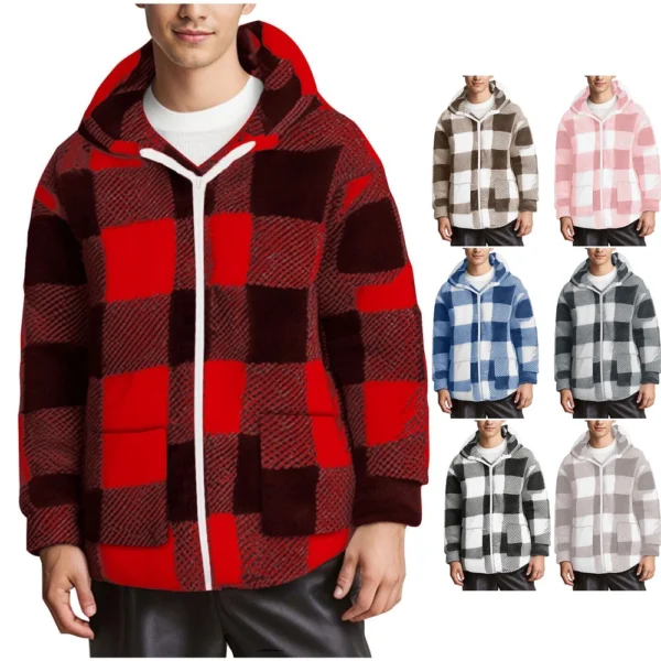 Fall Winter Ethos Plaid Casual Long-sleeved Hooded Cardigan Zipper Coat