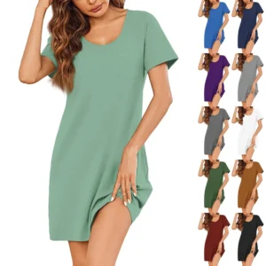 Womens Summer Dresses Short Sleeve Linen Casual T-Shirt Dresses Swing Beach
