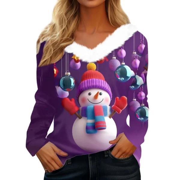 Women's Long Sleeve Christmas Printed Party Plush Neck Wide Casual V-Neck Top - Image 8